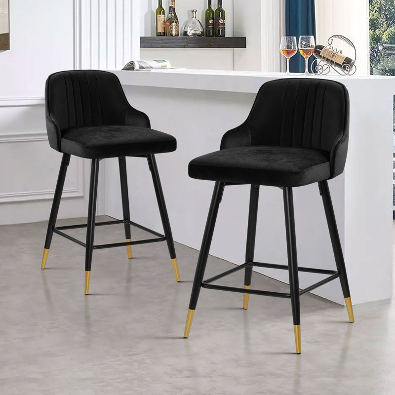 Swivel Velvet Upholstered Counter Bar Stool Set of 2 Everly Quinn Upholstery Black Seat Height Counter Stool 25.6 Seat Height